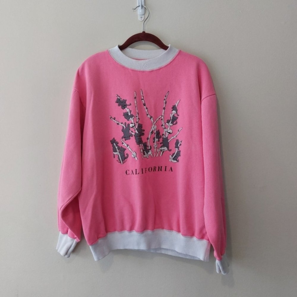 Vintage Cats on Willows Graphic California Spellout Pink Crewneck